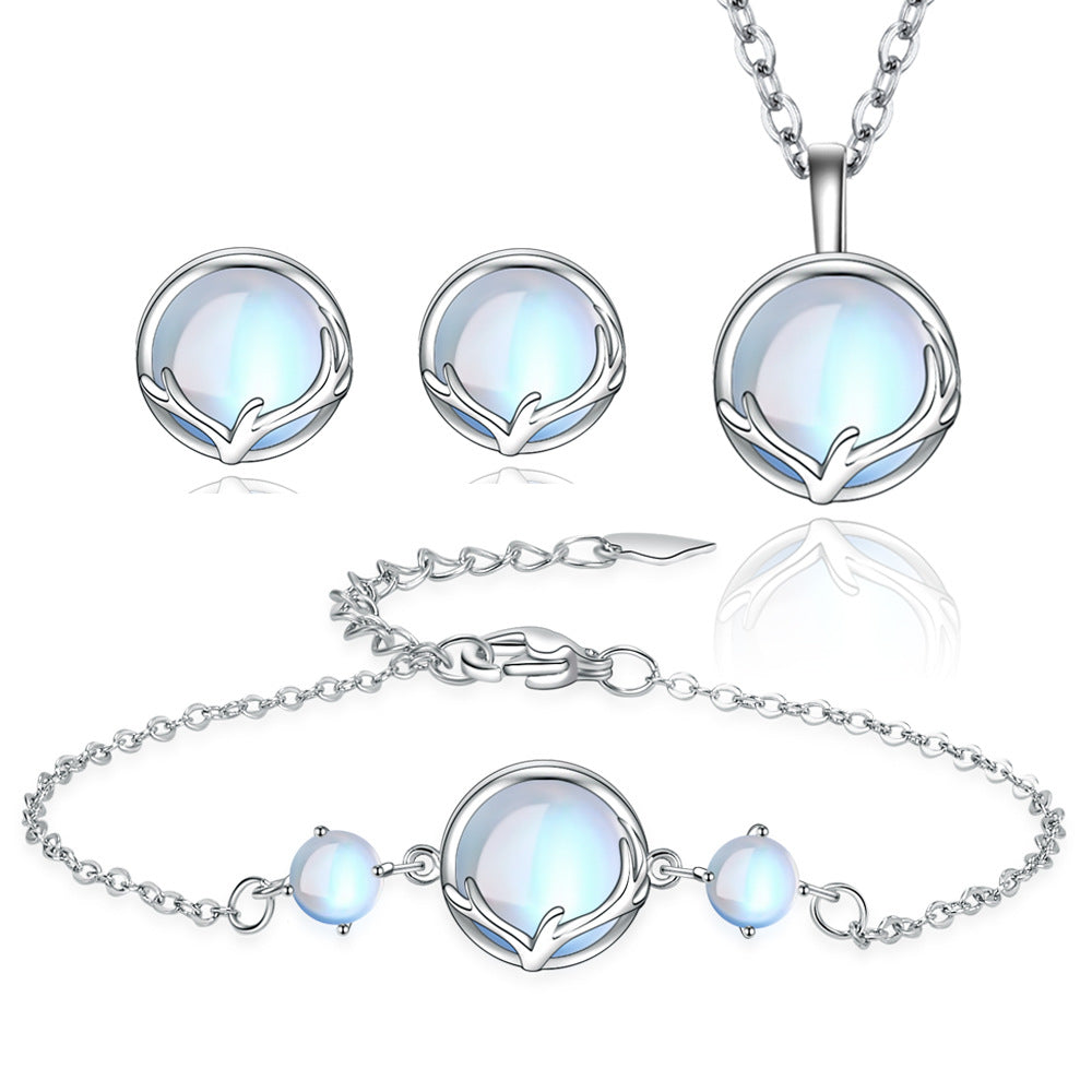 Deer Charm Necklace and Moonstone Jewelry Set