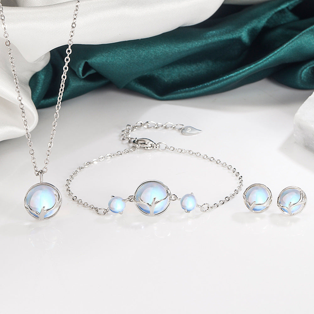 Deer Charm Necklace and Moonstone Jewelry Set