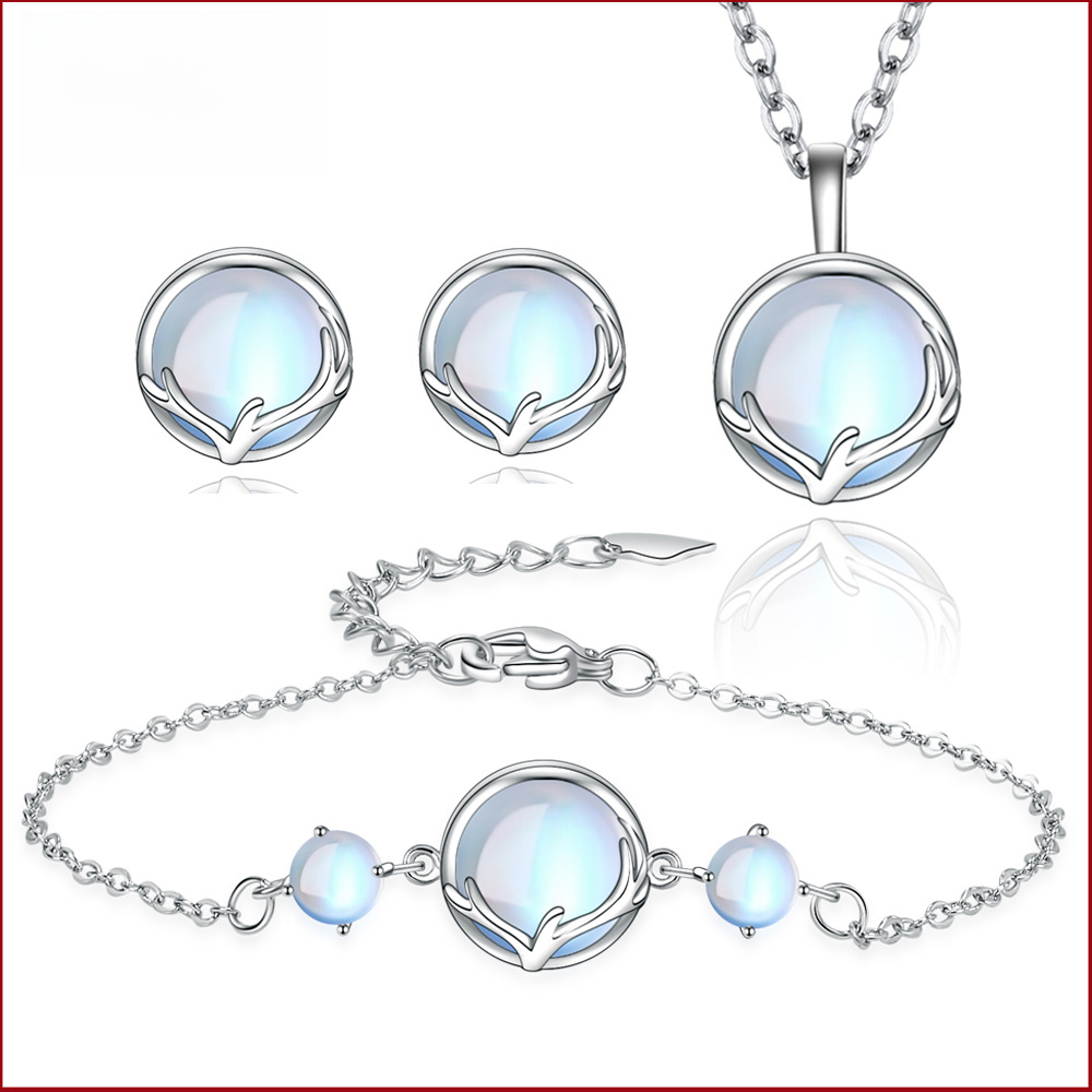 Deer Charm Necklace and Moonstone Jewelry Set
